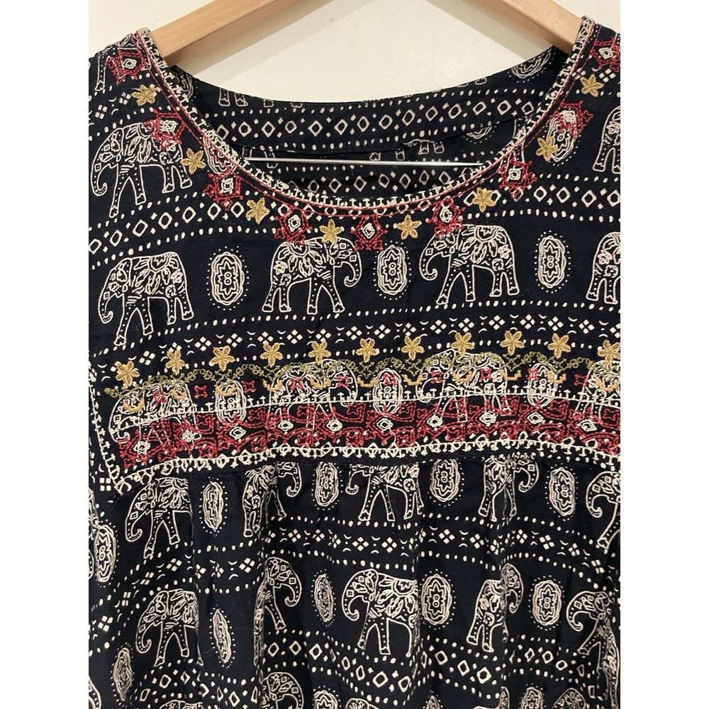 Boho Elephant Print Tunic Top Embroidered Navy Blue Red White Festival Ethnic S - Picture 3 of 9